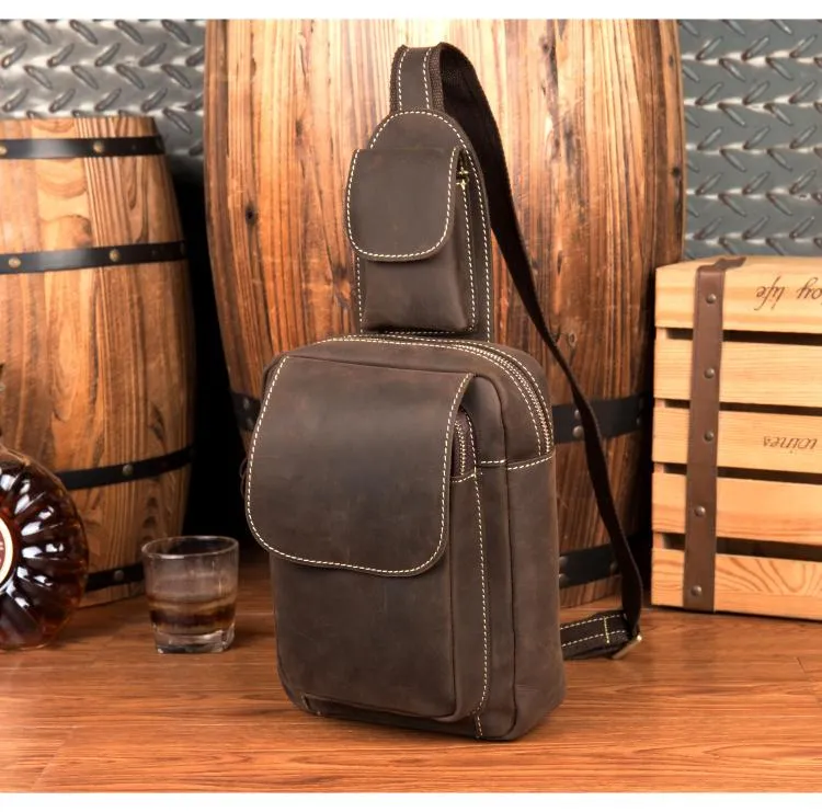 Cool Brown Leather Mens One Shoulder Backpack Sling Bag Brown Crossbody Pack Chest Bag for men