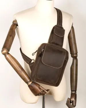 Cool Brown Leather Mens One Shoulder Backpack Sling Bag Brown Crossbody Pack Chest Bag for men