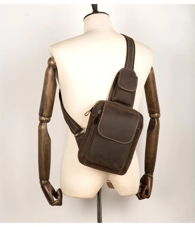 Cool Brown Leather Mens One Shoulder Backpack Sling Bag Brown Crossbody Pack Chest Bag for men