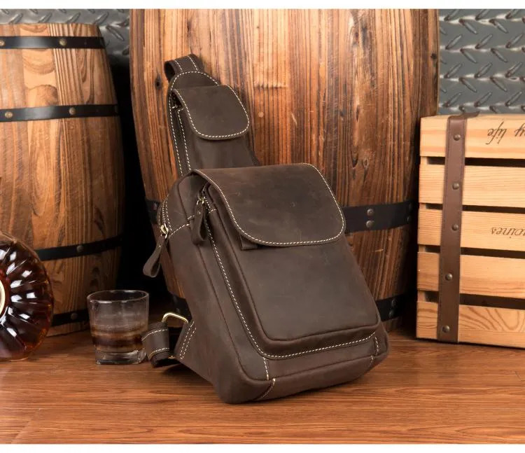 Cool Brown Leather Mens One Shoulder Backpack Sling Bag Brown Crossbody Pack Chest Bag for men