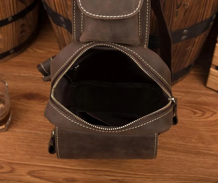 Cool Brown Leather Mens One Shoulder Backpack Sling Bag Brown Crossbody Pack Chest Bag for men