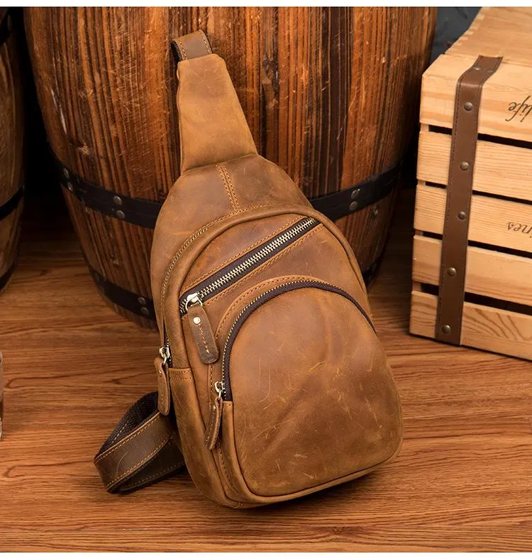 Cool Brown Leather Mens One Shoulder Backpack Sling Bags Crossbody Pack Chest Bag for men