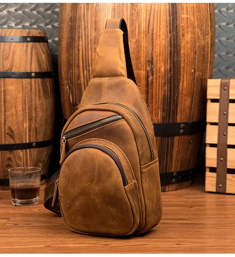 Cool Brown Leather Mens One Shoulder Backpack Sling Bags Crossbody Pack Chest Bag for men