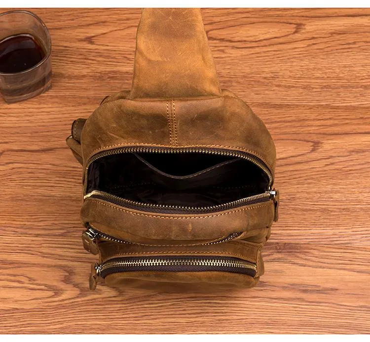 Cool Brown Leather Mens One Shoulder Backpack Sling Bags Crossbody Pack Chest Bag for men