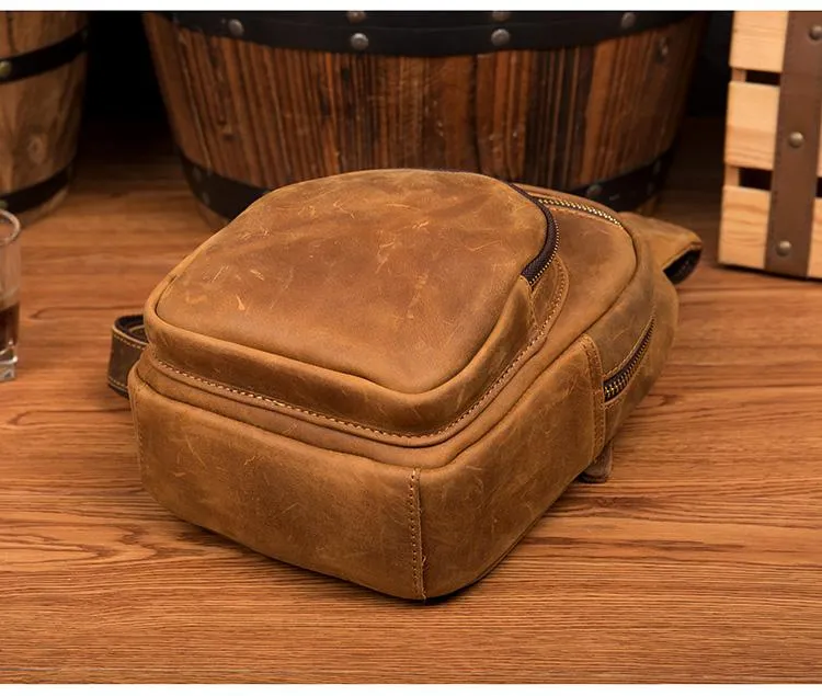 Cool Brown Leather Mens One Shoulder Backpack Sling Bags Crossbody Pack Chest Bag for men