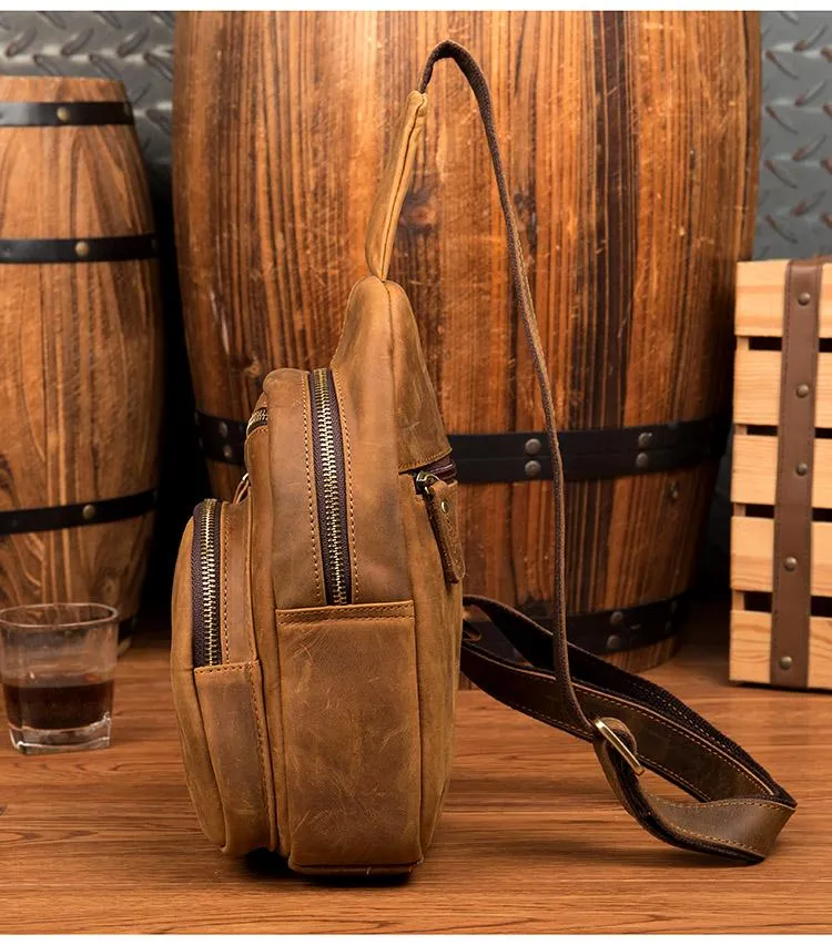 Cool Brown Leather Mens One Shoulder Backpack Sling Bags Crossbody Pack Chest Bag for men