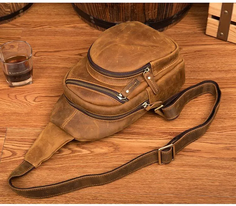 Cool Brown Leather Mens One Shoulder Backpack Sling Bags Crossbody Pack Chest Bag for men