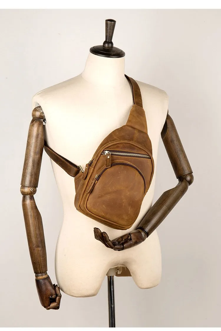 Cool Brown Leather Mens One Shoulder Backpack Sling Bags Crossbody Pack Chest Bag for men