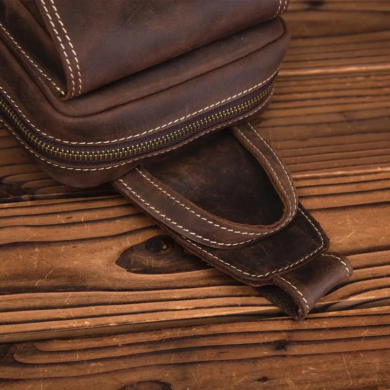 Cool Brown Leather Men's Sling Bag Chest Bag Brown One Shoulder Backpack For Men