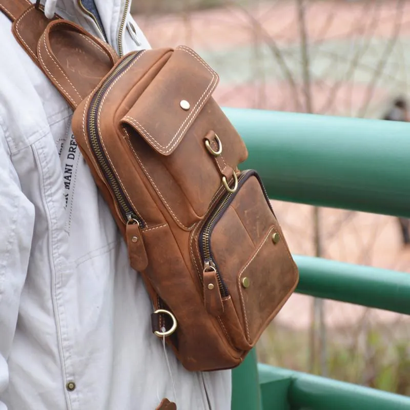 Cool Brown Leather Men's Sling Bag Chest Bag Brown One Shoulder Backpack For Men