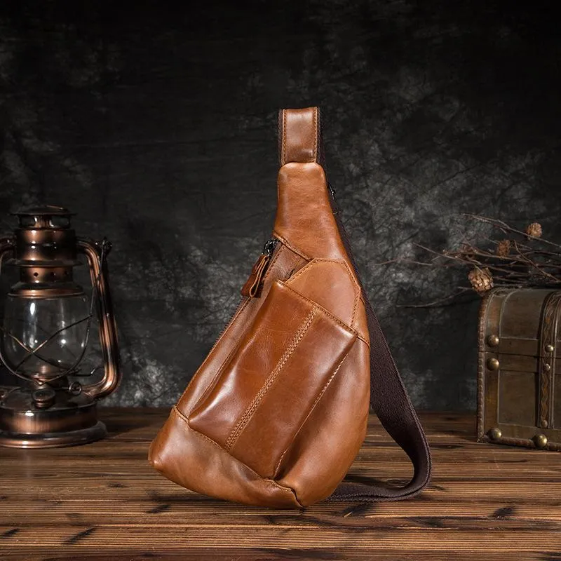 Cool Brown Leather Men's Sling Bag Chest Bag One Shoulder Backpack For Men
