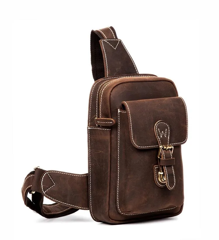 Cool Brown Leather One Shoulder Backpack Sling Bags Crossbody Pack for Men