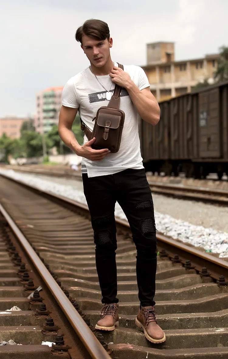 Cool Brown Leather One Shoulder Backpack Sling Bags Crossbody Pack for Men