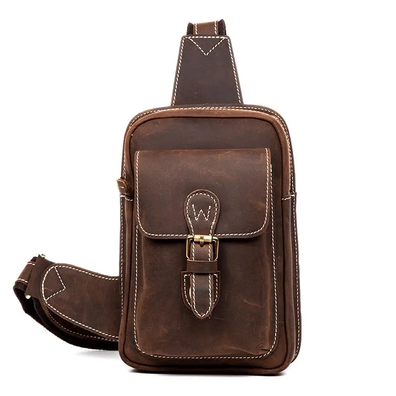 Cool Brown Leather One Shoulder Backpack Sling Bags Crossbody Pack for Men