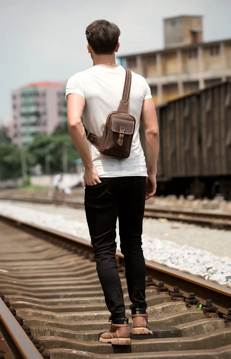 Cool Brown Leather One Shoulder Backpack Sling Bags Crossbody Pack for Men