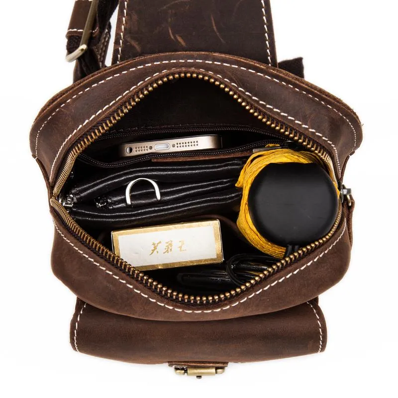 Cool Brown Leather One Shoulder Backpack Sling Bags Crossbody Pack for Men