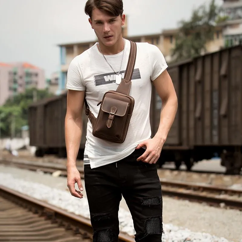 Cool Brown Leather One Shoulder Backpack Sling Bags Crossbody Pack for Men