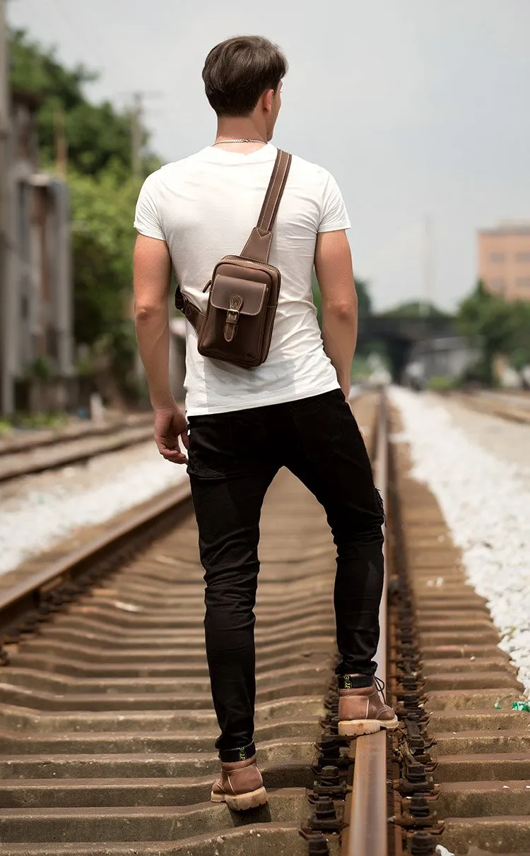 Cool Brown Leather One Shoulder Backpack Sling Bags Crossbody Pack for Men