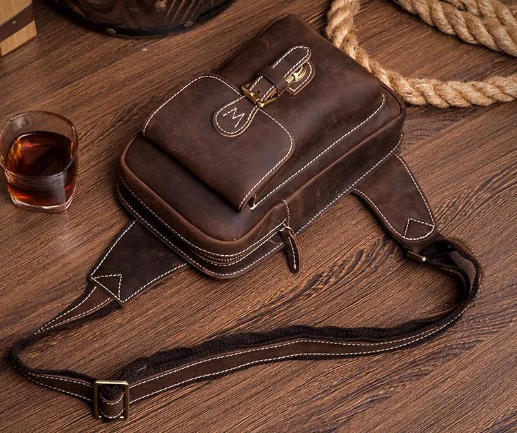 Cool Brown Leather One Shoulder Backpack Sling Bags Crossbody Pack for Men