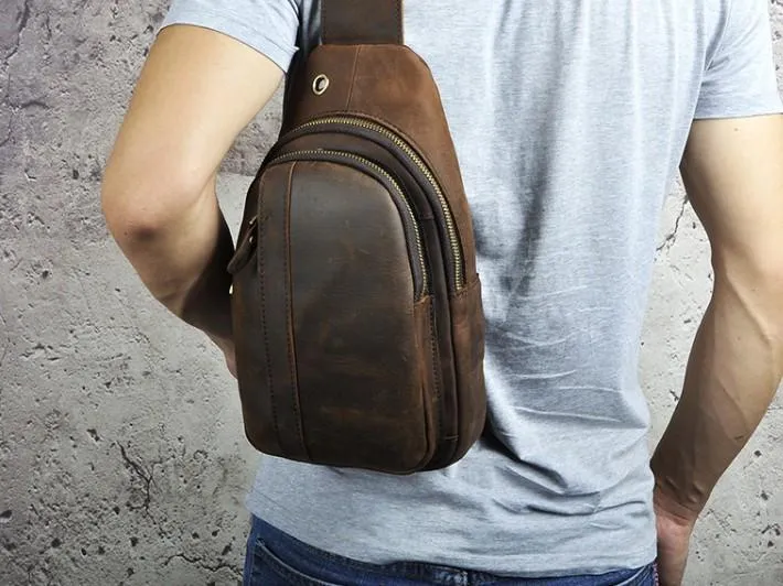 Cool Brown Mens Leather Chest Bags Sling Bag One Shoulder Backpack For Men
