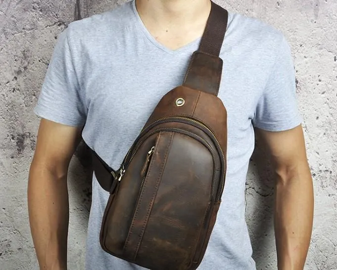 Cool Brown Mens Leather Chest Bags Sling Bag One Shoulder Backpack For Men