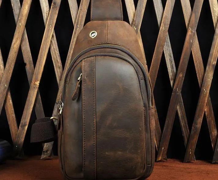 Cool Brown Mens Leather Chest Bags Sling Bag One Shoulder Backpack For Men