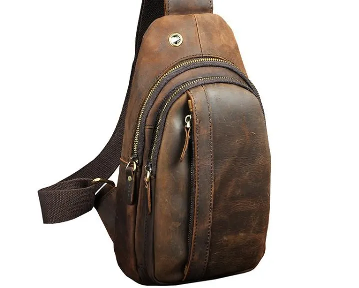 Cool Brown Mens Leather Chest Bags Sling Bag One Shoulder Backpack For Men