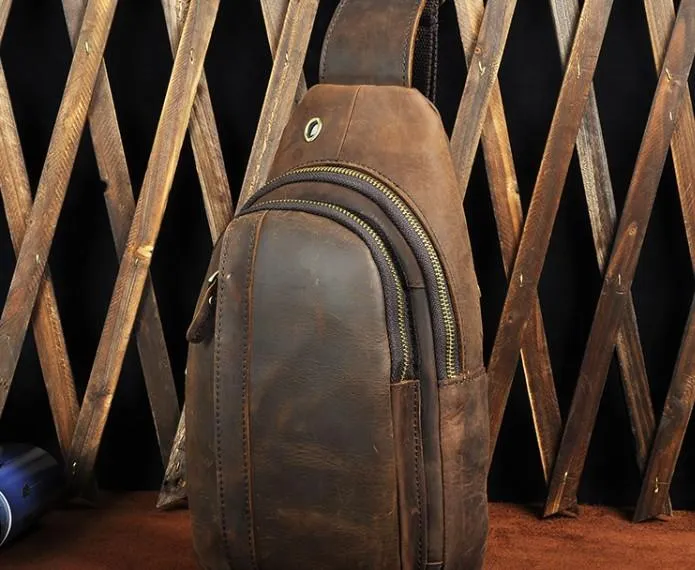 Cool Brown Mens Leather Chest Bags Sling Bag One Shoulder Backpack For Men