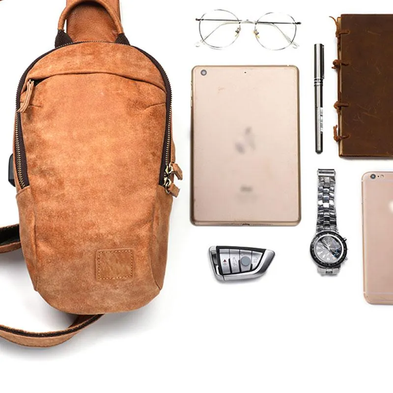 Cool Brown Mens Leather One Shoulder Backpack Chest Bag Sling Bag For Men