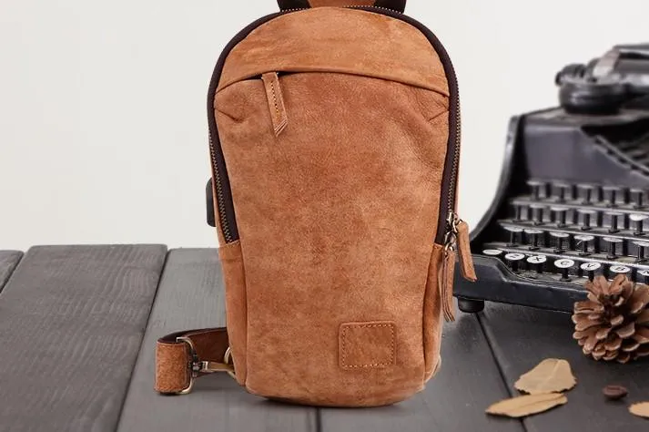 Cool Brown Mens Leather One Shoulder Backpack Chest Bag Sling Bag For Men