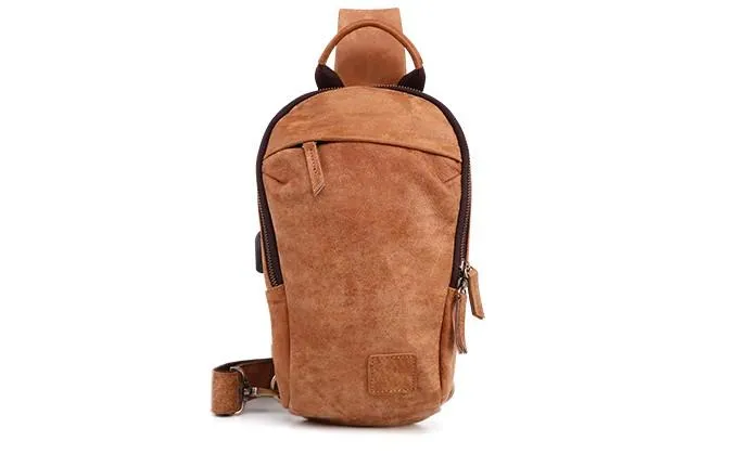Cool Brown Mens Leather One Shoulder Backpack Chest Bag Sling Bag For Men