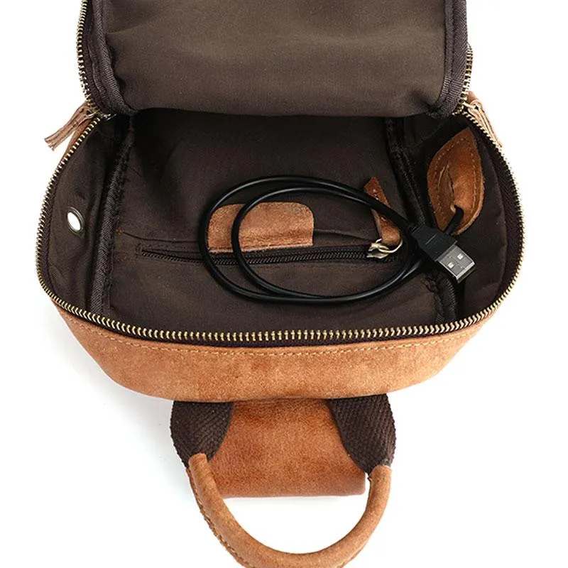 Cool Brown Mens Leather One Shoulder Backpack Chest Bag Sling Bag For Men