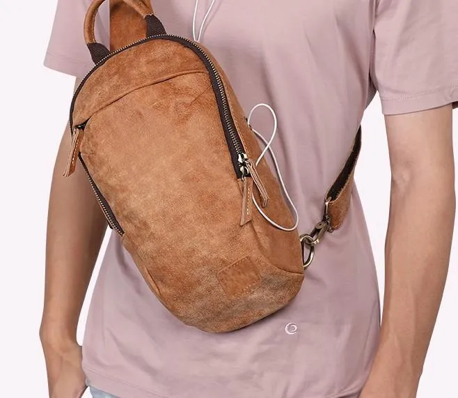 Cool Brown Mens Leather One Shoulder Backpack Chest Bag Sling Bag For Men
