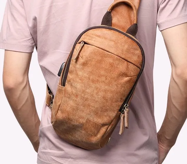 Cool Brown Mens Leather One Shoulder Backpack Chest Bag Sling Bag For Men