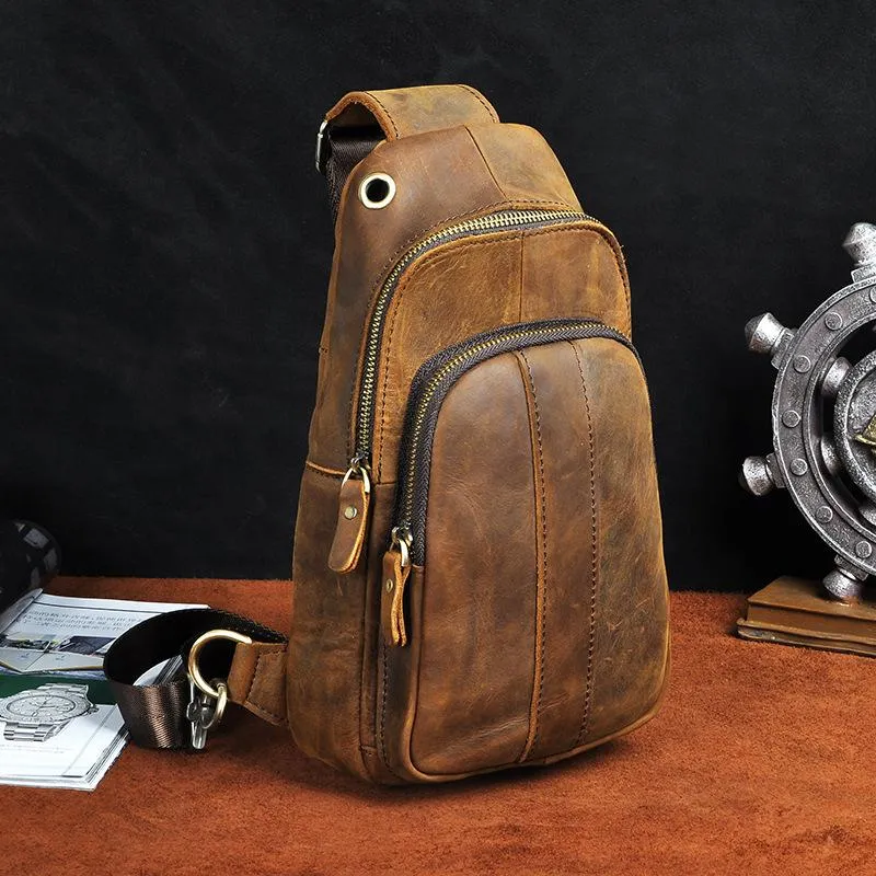 Cool Brown Mens Leather One Shoulder Backpack Chest Bag Sling Bags For Men