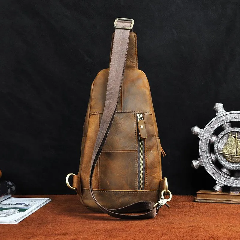 Cool Brown Mens Leather One Shoulder Backpack Chest Bag Sling Bags For Men