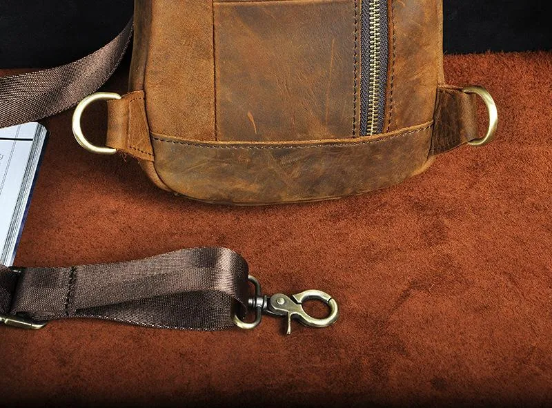 Cool Brown Mens Leather One Shoulder Backpack Chest Bag Sling Bags For Men