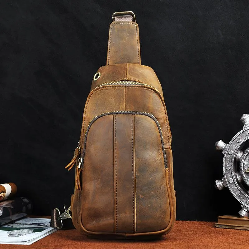Cool Brown Mens Leather One Shoulder Backpack Chest Bag Sling Bags For Men
