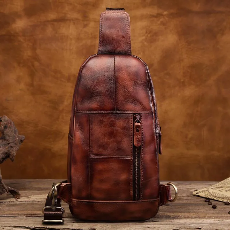 Cool Brown Mens Leather One Shoulder Backpack Chest Bag Sling Bags For Men