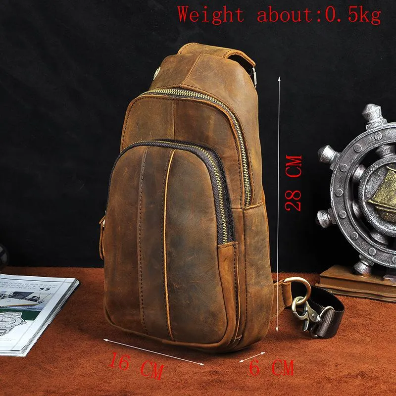 Cool Brown Mens Leather One Shoulder Backpack Chest Bag Sling Bags For Men