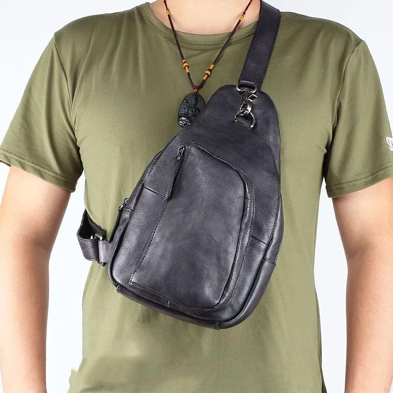 Cool Brown MENS LEATHER Sling Bag Chest Bag Coffee One Shoulder Backpack For Men