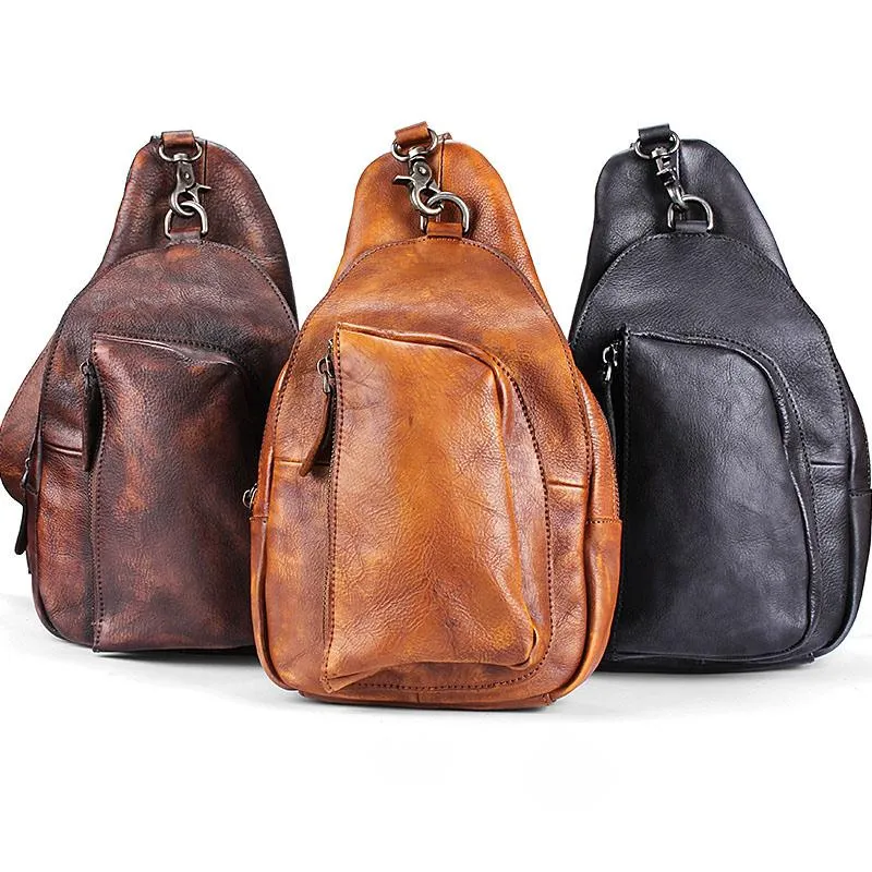 Cool Brown MENS LEATHER Sling Bag Chest Bag Coffee One Shoulder Backpack For Men