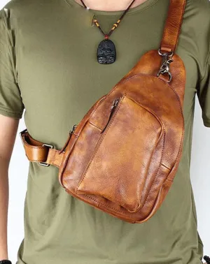Cool Brown MENS LEATHER Sling Bag Chest Bag Coffee One Shoulder Backpack For Men