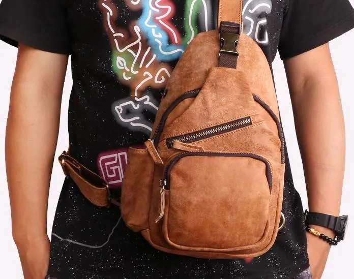 Cool Camel Leather Chest Bag Sling Bag Sling Crossbody Bags For Men