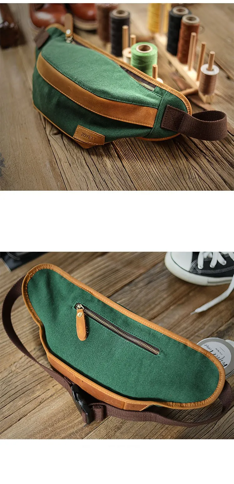 Cool Canvas Leather Mens Chest Bag Green Waist Bag Fanny Pack Hip Bag Bum Pack For Men