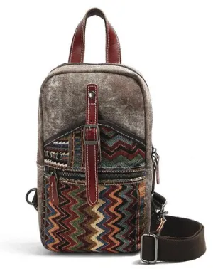 Cool Canvas Leather Mens Embroidered Sling Bag Chest Bag Gray One Shoulder Backpack for Men