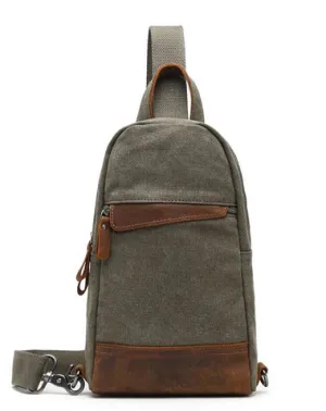 Cool Canvas Leather Mens Sling Bag Chest Bag Gray One Shoulder Backpack for Men