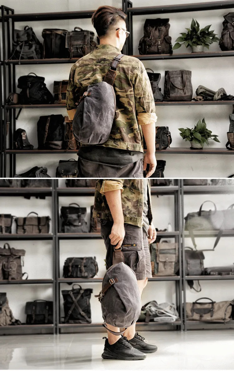 Cool Canvas Leather Mens Sling Bag Waterproof Chest Bag One Shoulder Backpack for Men