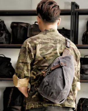 Cool Canvas Leather Mens Sling Bag Waterproof Chest Bag One Shoulder Backpack for Men