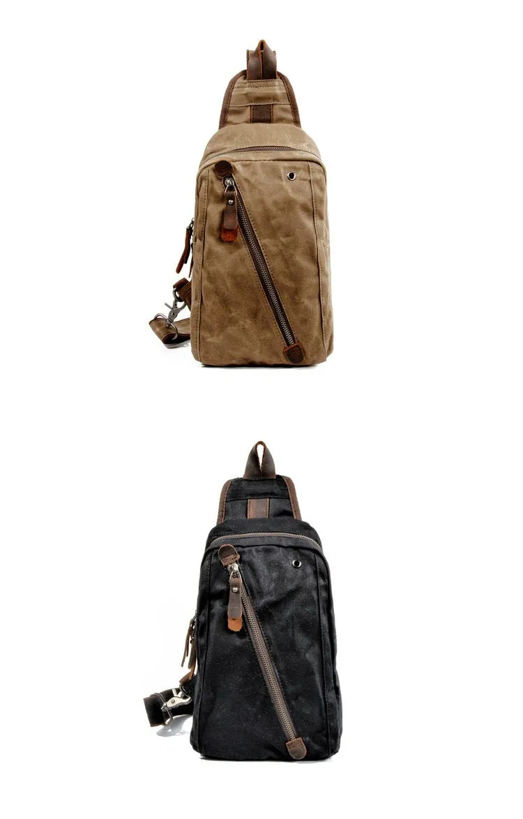 Cool Canvas Leather Mens Waterproof Sling Bag Chest Bag One Shoulder Bag for Men